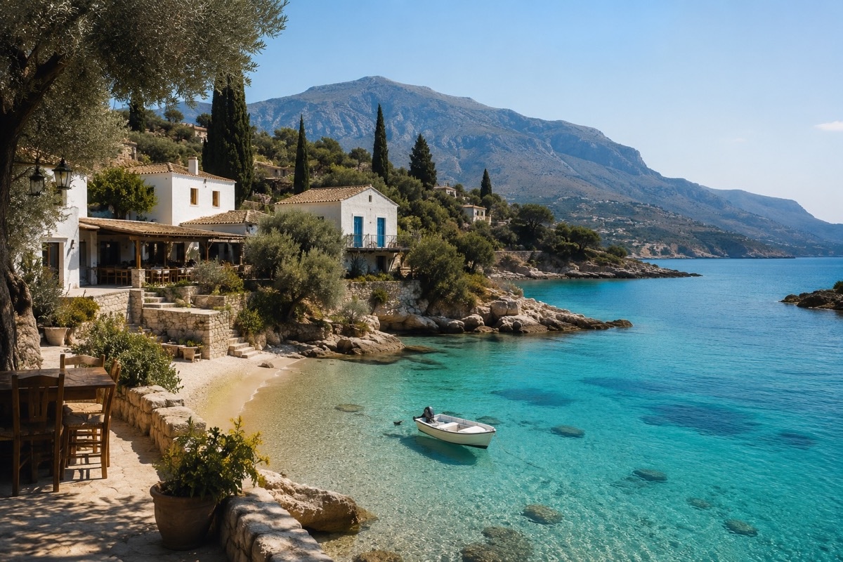 Ruhige griechische Küstenbucht mit türkisblauem Wasser, kleinem Boot, weißen Häusern, mediterraner Terrasse und Bergen im Hintergrund.