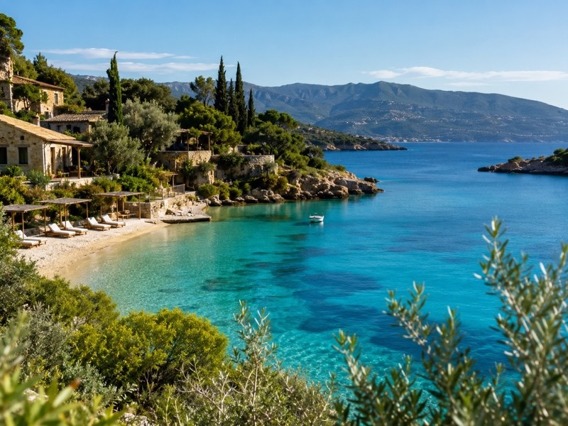 Ruhige griechische Bucht mit türkisblauem Wasser, mediterraner Vegetation, kleinem Boot und stilvollem Boutique-Resort an der Küste.