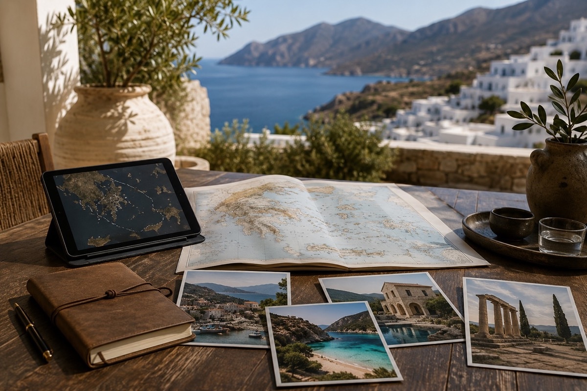Reiseplanung für Griechenland mit Landkarte, Tablet, Notizbuch und Fotos ausgewählter Küstenorte, Boutique-Hotels und Kulturstätten auf einer mediterranen Terrasse.