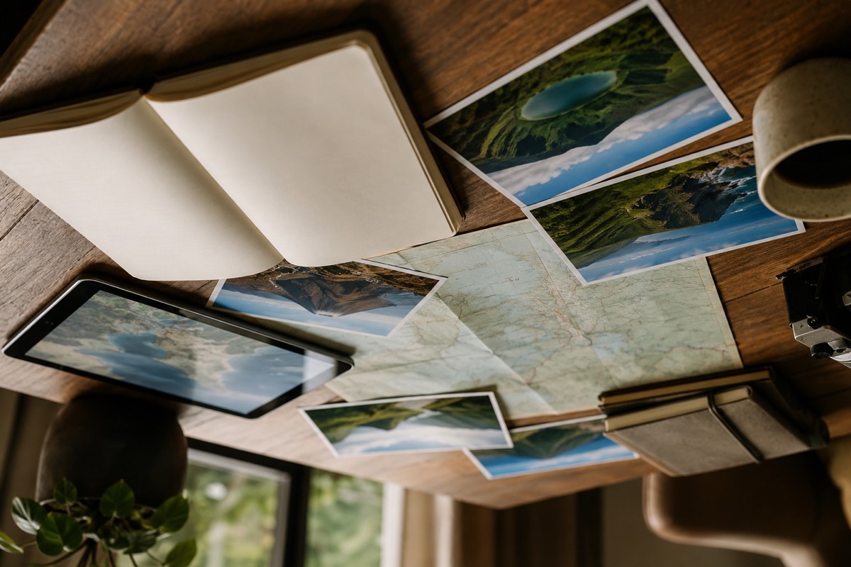 Reiseplanung mit Karte, Notizbuch, Tablet und Fotos von Atlantikinseln.