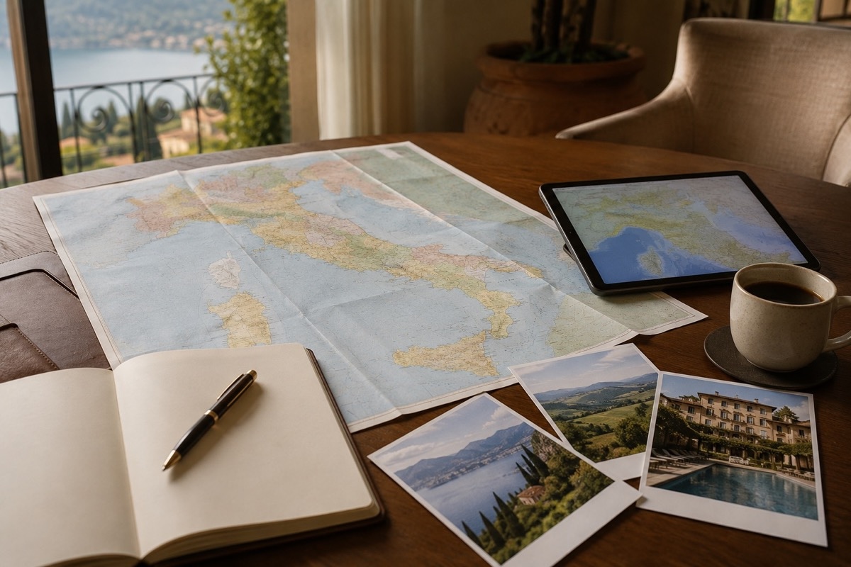 Reiseplanung für Italien mit Karte, Notizbuch, Tablet und Fotos auf einem Tisch.