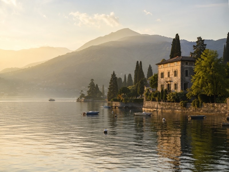 Ruhiger italienischer See mit kleinem Hotel am Ufer und Hügeln im Morgenlicht.