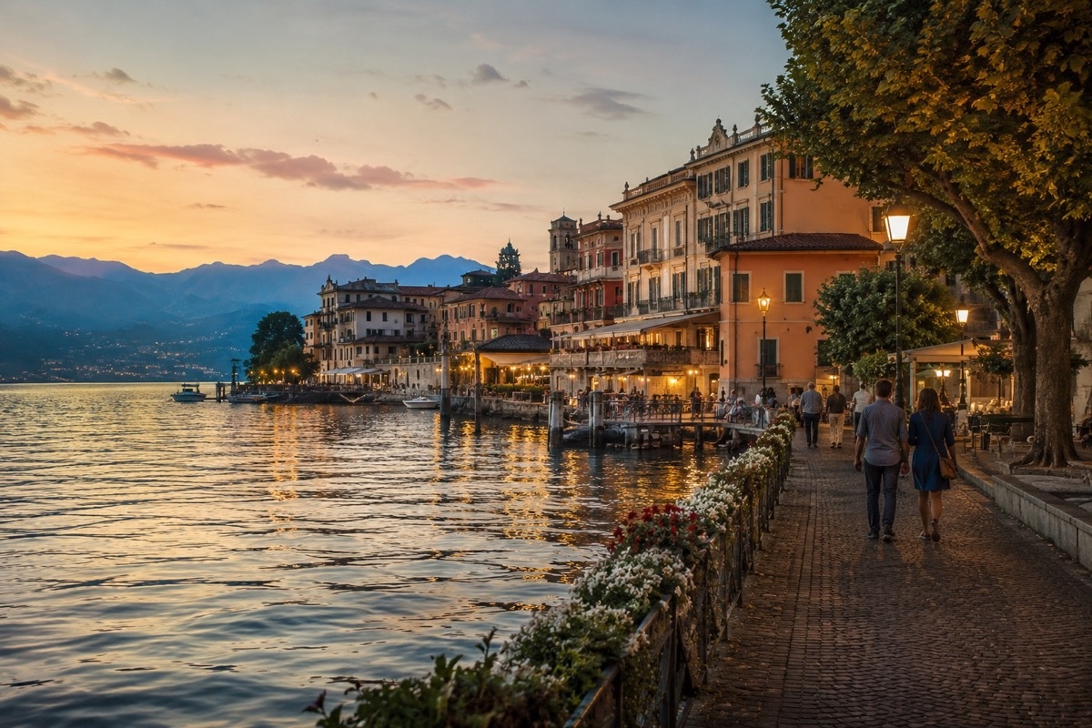 Kleine italienische Seegemeinde am Abend mit Promenade und warmem Licht auf dem Wasser.