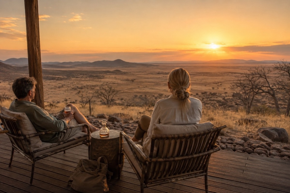 Reisende sitzen auf einer Lodge-Terrasse in Namibia mit Blick auf weite Landschaft bei Sonnenuntergang.
