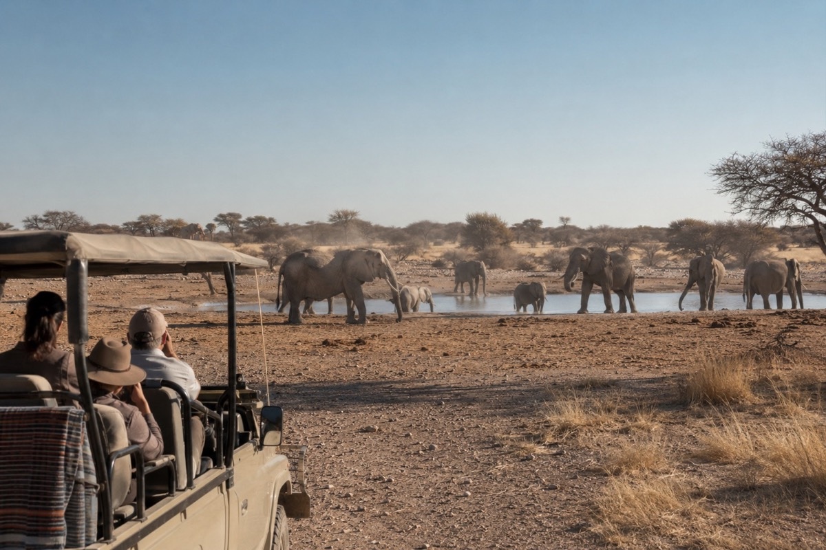 Safari-Fahrzeug an einer Wasserstelle in trockener namibischer Savanne mit Elefanten im Hintergrund.