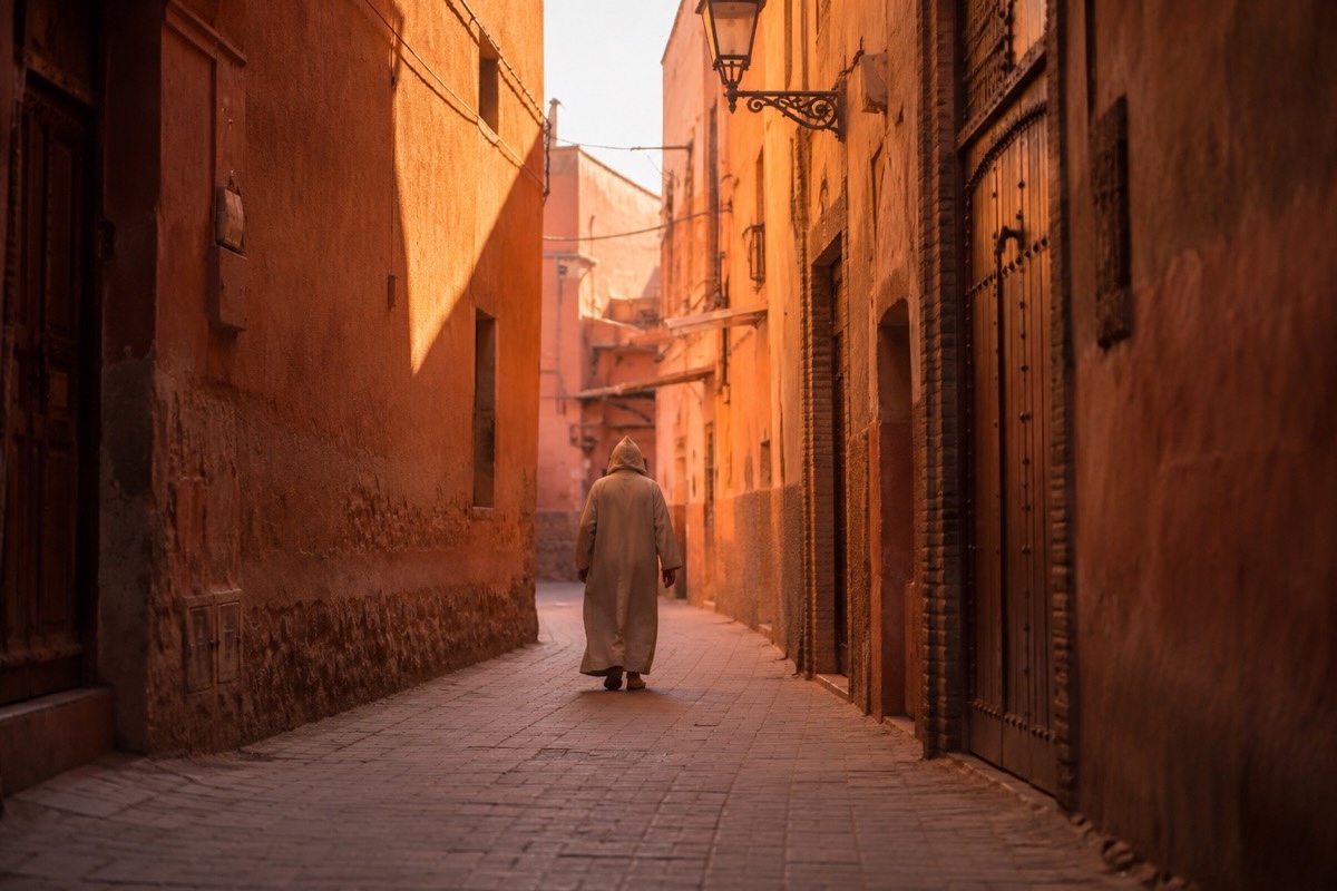 Morgenlicht fällt durch schmale Gasse in der Medina von Marrakesch mit traditionellen ockerfarbenen Lehmwänden und Handwerker bei der Arbeit