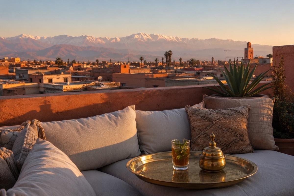 Private Dachterrasse eines traditionellen Riads in Marrakesch mit gedecktem Teetisch, Blick über die Medina und Atlasgebirge im warmen Abendlicht