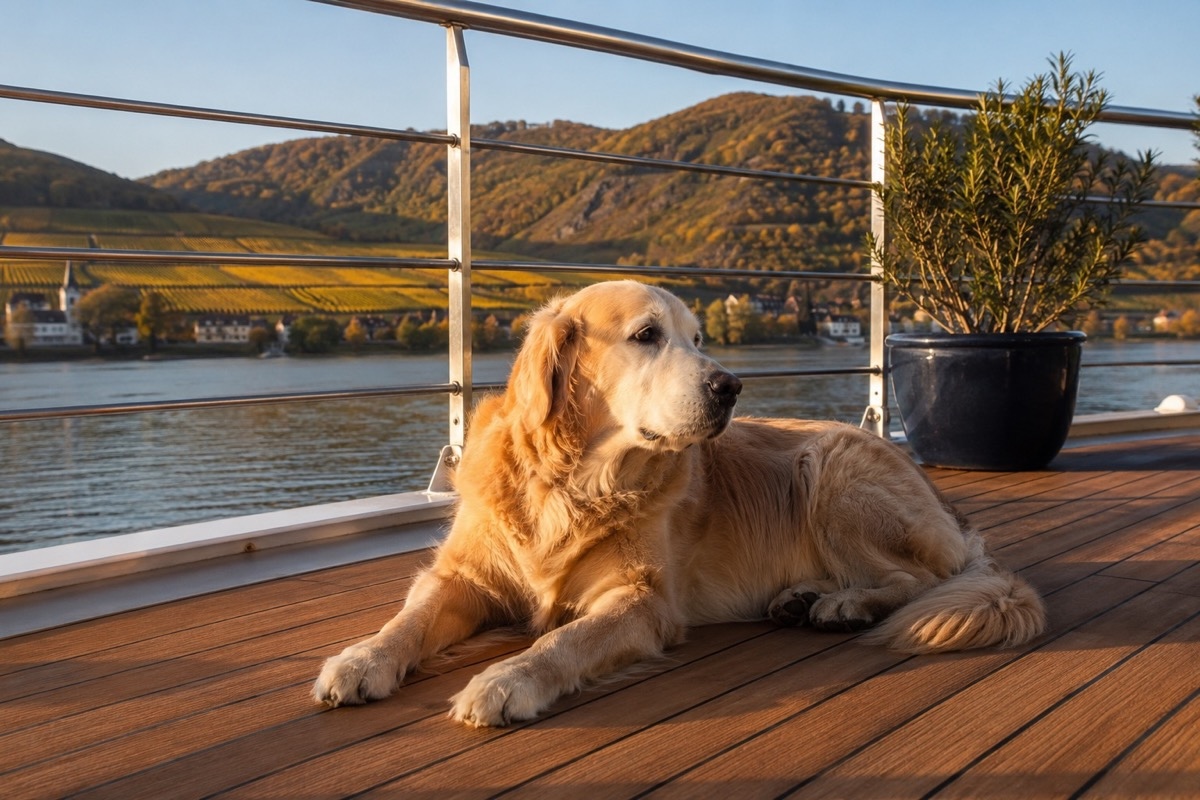 Hund liegt entspannt auf dem Deck eines Flusskreuzfahrtschiffs, im Hintergrund ruhiges Flussufer mit Weinbergen und herbstlichem Licht
