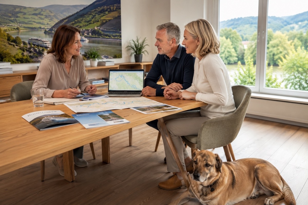 Reiseberaterin im persönlichen Gespräch mit Paar und Hund an hellem Holztisch, Laptop mit Reiserouten, entspannte und vertrauensvolle Atmosphäre