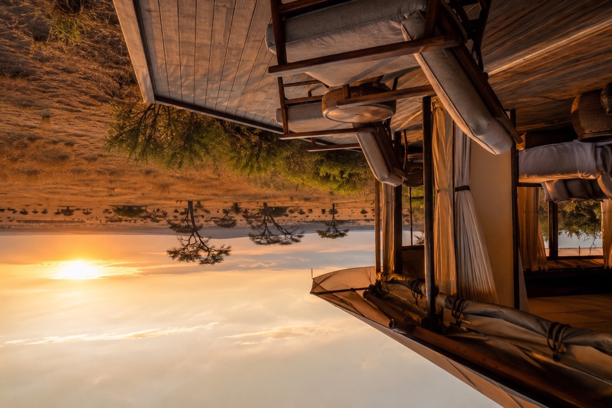 Luxuriöses Safari-Zeltcamp mit Aussichtsterrasse über der kenianischen Savanne im warmen Abendlicht